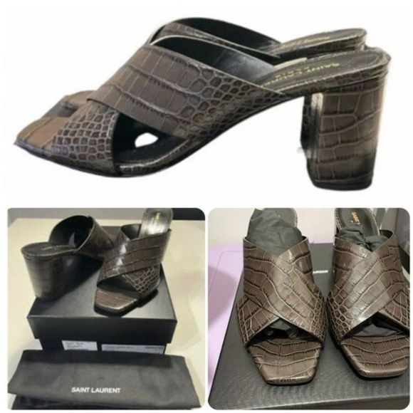 Saint Laurent  Mule Sand Cocco Mint Ultra Grey Size 38 1/8 - Picture 1 of 7